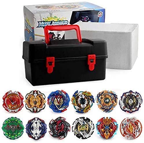 3T6B Peonzas Juguetes Conjunto, 12 PCS Turbo Burst Gyro Spinners y 2 Lanzador Set con Caja Portátil, Cumpleaños, Navidad Regalo, Juguetes Niños (Gris)