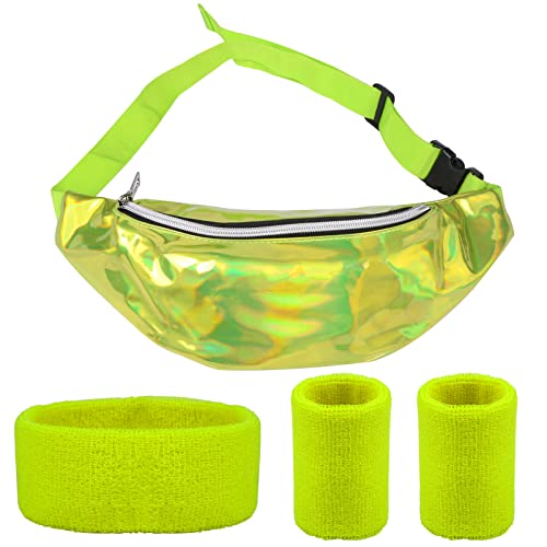 4pcs Juego de Disfraces Los Años 80 Diadema de Correr Muñequeras Bolsa Verde Accesorios Disfraces para Fiestas Temáticas Carnaval Ejercicios Juegos Correr