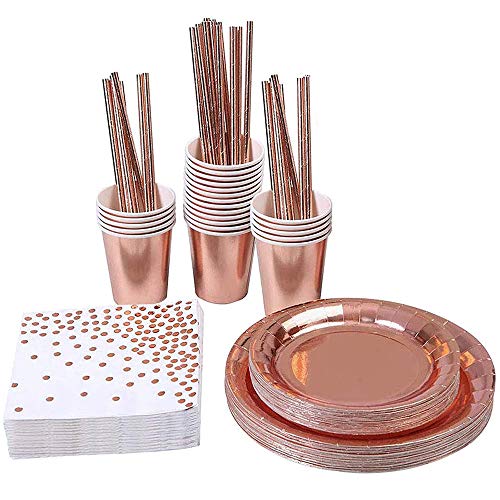 89 Piezas Vajilla Fiesta Oro Rosa, Cubiertos Desechables Oro Rosa, Servilletas Y Pajitas Plato Papel Dorado Dorado para Fiestas, Bodas, Aniversarios, Cumpleaños (16 Invitados)