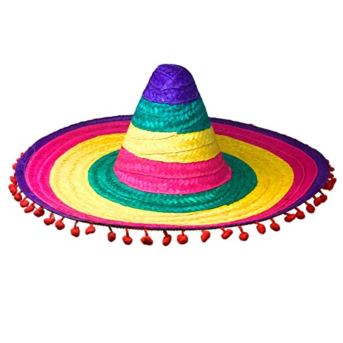 Acan Clásico sombrero mexicano multicolor con bolitas rojas para jóvenes y adultos. Carnaval, halloween y celebraciones. Tamaño: 20 x 51 x 51 cm