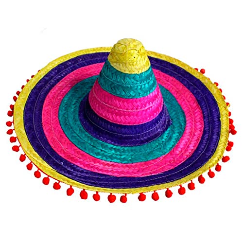 Acan Clásico sombrero mexicano multicolor con bolitas rojas para jóvenes y adultos. Carnaval, halloween y celebraciones. Tamaño: 20 x 51 x 51 cm