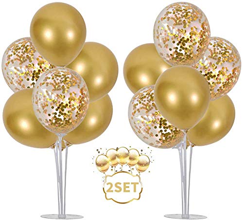 Árbol de Globos, Soporte Globos Transparente Mesa de Soporte de Globos Escritorio Decoración Fiesta Globos con 16 Piezas Oro Globos de confeti látex para Decoraciones Fiestas Bodas(2 Juegos)