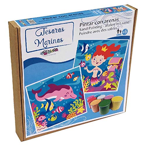 Arenart | Pack 2 Dibujos Tesoros Marinos 30x30cm | para Pintar con Arenas de Colores | Manualidades para Niños| Dibujo Infantil | +6 años