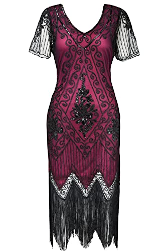 ArtiDeco - Vestido de mujer estilo años 20 con mangas cortas, disfraz de Gatsby para fiestas temáticas rojo/negro S