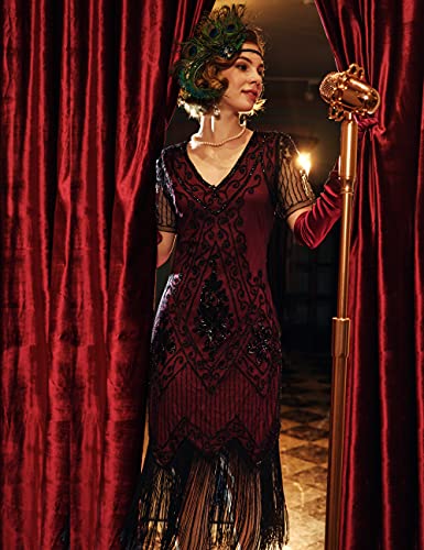 ArtiDeco - Vestido de mujer estilo años 20 con mangas cortas, disfraz de Gatsby para fiestas temáticas rojo/negro S