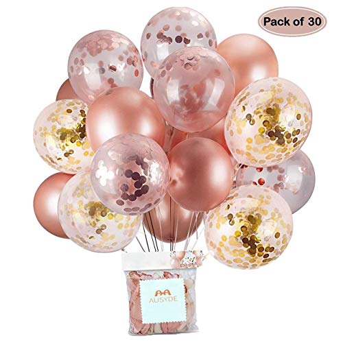 AUSYDE Globos de Confeti de Oro Rosa Globos de Fiesta 30,5 cm Globos de látex Brillo para Ducha Nupcial Fiesta de cumpleaños Decoraciones de la Boda (30 Piezas)