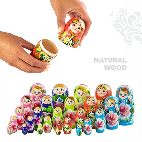 Azhna Juego de 5 juegos de 5 muñecas matrioskas de 10,5 cm, muñecas rusas, matrioska, babuschka, nido, recuerdo para el hogar, colección Surprize Design de madera pintada a mano, apilables
