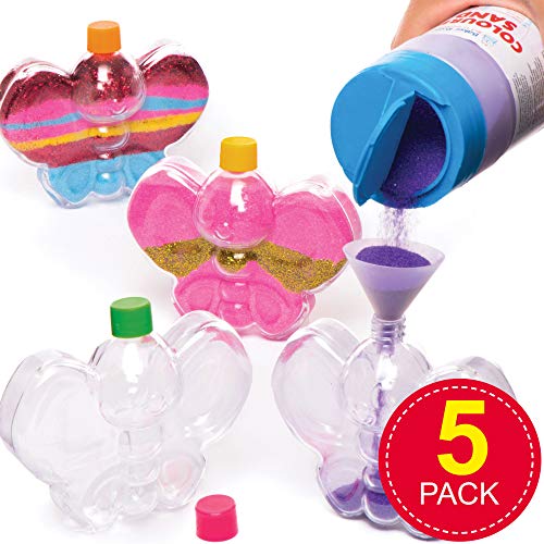 Baker Ross- Botellas de plástico en forma de mariposa para decorar con arena (Pack de 5) - Manualidades infantiles para llenar con arena o purpurina (no incluidas)