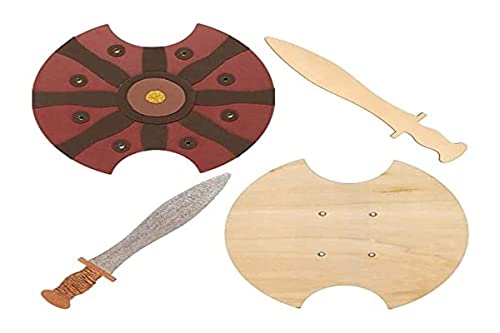 Baker Ross FE458 Espadas y Escudos de Madera de Gladiador - Paquete de 2, espada y escudo de madera para decorar, pintar tus propios juegos para niños, juego de disfraces para niños