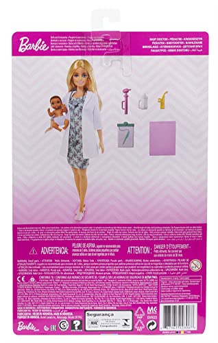 Barbie Doctora GVK03 - Muñeca rubia con bebé de juguete y accesorios de consulta, Multicolor