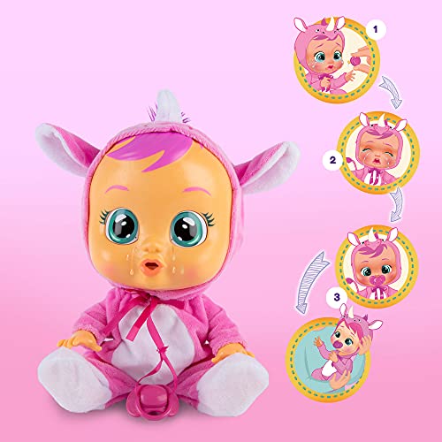 BEBÉS LLORONES Sasha el rinoceronte | Muñeca interactiva que llora de verdad con chupete y Pijama de rinoceronte rosa - Juguete y Regalo para niñas y niños +18 Meses