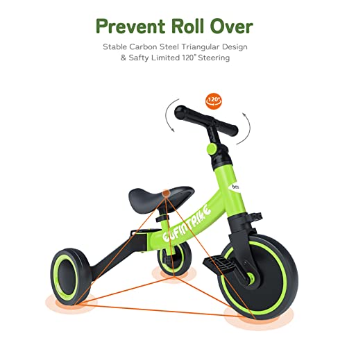 besrey Triciclos para Niños, 5 en 1 Una Bici Multifunción, Adecuado para niños de 1-4 años,Triciclo,Bicicleta,Carro de Equilibrio,Caminante, Altura del Asiento Regulable, Verde