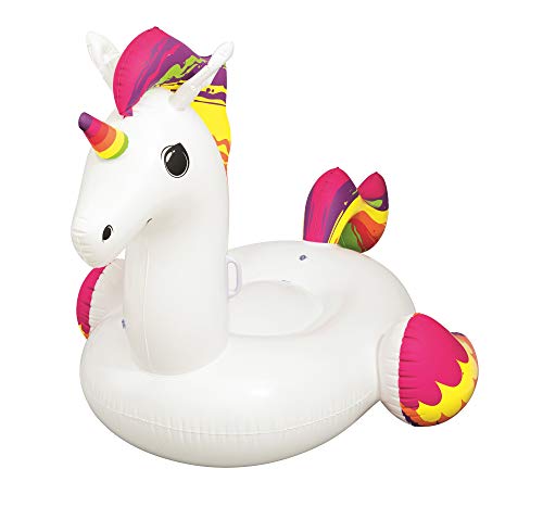 BESTWAY 41113 - Unicornio de Fantasía Hinchable 224x164 cm Para 1 Adulto Con Asas de Agarre Laterales Blanco con detalles Arcoíris Válvulas de Seguridad y Parche de Reparación