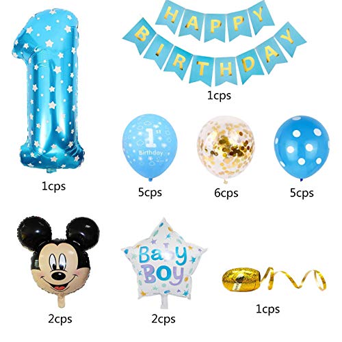 BESTZY Decoraciones de Cumpleaños de Mickey 1er Cumpleaños Bebe Azul Globos Decoraciones de Fiesta Temática Azul de Mickey Globos de Confeti de Latex Boy