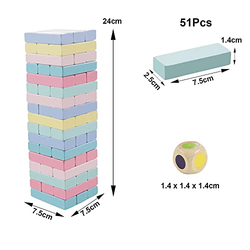 Bloques de Madera, Comius Sharp Torre de Madera Block Colores Juegos de Construcción, Juegos Educativos Torre de Bloques, Juguete de Madera Juego Familiar Clásico Juego de Mesa (51 Pcs New)