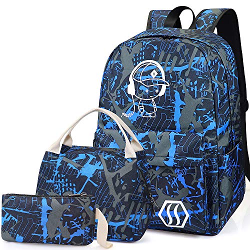 Bolsa para la Escuela Niños, Conjunto de Mochila 3 en 1，Junlion Chico de la Música Mochila para Portátil，Bolsa de Almuerzo, Estuche para Lápices, Regalo para Adolescentes