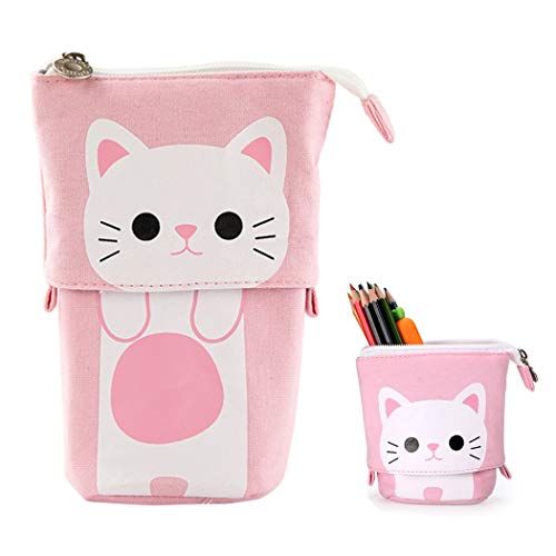 Bolsas telescópicas para lápices Hillento, soporte para lápices, caja de lápices telescópica para gatos organizador de bolígrafos bolsa de papelería, pequeña bolsa de cosméticos con cremallera, rosa