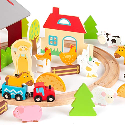 boppi Juego de Tren y Granja de Juguete de Madera Locomotora y vía de ferrocarril Circular de 8 Piezas con Locomotora, vagones y Accesorios de Juego como Animales, Granero, Granjero y árboles