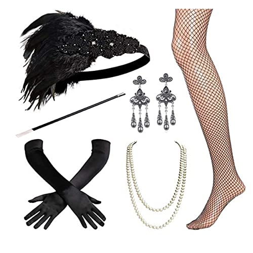 Bssowe 1920s Flapper Accesorios, 6 Piezas Juego de Accesorios de Aleta de los años 20, Años 20 Flapper Disfraces Accesorios ,Accesorios Great Gatsby para Mujeres, para Fiestas Temáticas(Negro)