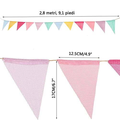 Bunting Flags,Bandera Banderín Reutilizable de Doble Cara Tela 12 banderas de colores con banderas de tela,Banderas Bandera del Partido para Boda Cumpleaños Fiesta Jardín de infancia Decoración