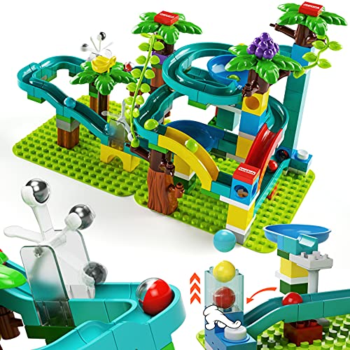 burgkidz Marble Run Pistas de Carreras con Martillo de Gravedad, 124 Piezas Mejoran el Juego de Bloques de Construcción Grandes, Juguetes Preescolares, Regalos para Niños de 3 años en adelante