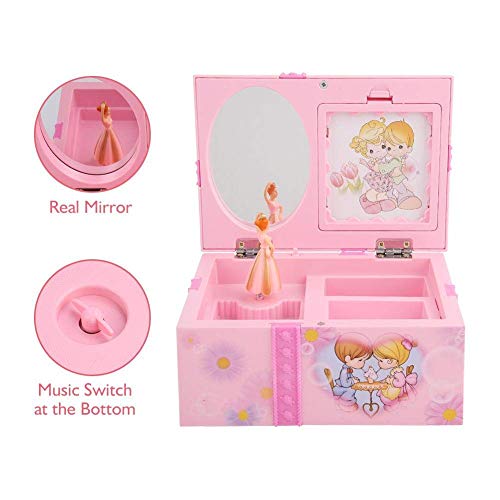 Caja de música para niños con caja de música para niños de dibujos animados, rosa, espejo, almacenamiento, estuche de plástico con princesa del baile