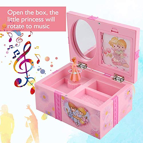 Caja de música para niños con caja de música para niños de dibujos animados, rosa, espejo, almacenamiento, estuche de plástico con princesa del baile