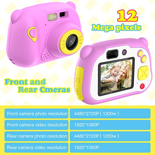 Cámara para Niños con Tarjeta TF,Cámara Digitale Selfie para Niños,Video cámara Infantil con Pantalla de 2 Pulgadas,HD 1200 MP/1080P Doble Objetivo,a Prueba de Golpes,Carcasa de Silicona(Rosa)