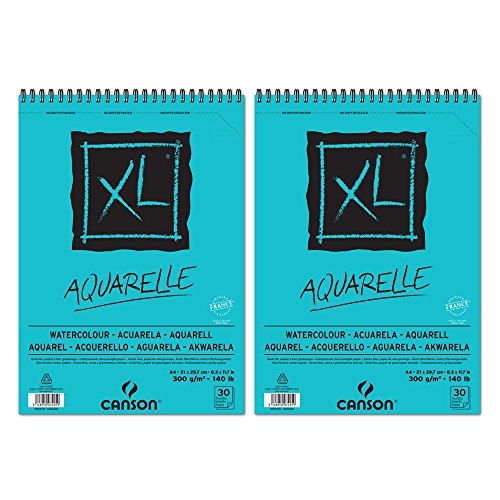 Canson XL Aquarelle Cuaderno de papel para dibujo, con espiral superior, 30 hojas, grano fino, 300 g, A4, color blanco – Lote de 2