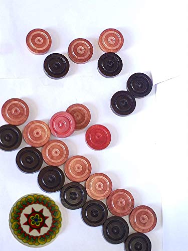 Carrom Board Coins and Striker Juego profesional sólido de damas de madera con cresta apilable (24 piezas de cartón con cubierta/funda + 1 Striker color aleatorio) - Blanco/Rojo/Negro