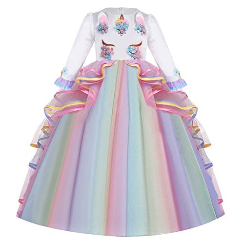 CinheyU Niñas Disfraz de Carnaval Manga Larga Vestido de Unicornio Princesa Cumpleaños Boda Fiesta de Cosplay para Chicas Navidad Bautizo Comunión Flor Vestidos de Baile con Diadema Arcoiris 6-7