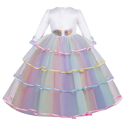 CinheyU Niñas Disfraz de Carnaval Manga Larga Vestido de Unicornio Princesa Cumpleaños Boda Fiesta de Cosplay para Chicas Navidad Bautizo Comunión Flor Vestidos de Baile con Diadema Arcoiris 6-7