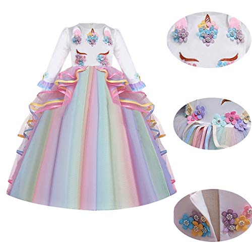 CinheyU Niñas Disfraz de Carnaval Manga Larga Vestido de Unicornio Princesa Cumpleaños Boda Fiesta de Cosplay para Chicas Navidad Bautizo Comunión Flor Vestidos de Baile con Diadema Arcoiris 6-7