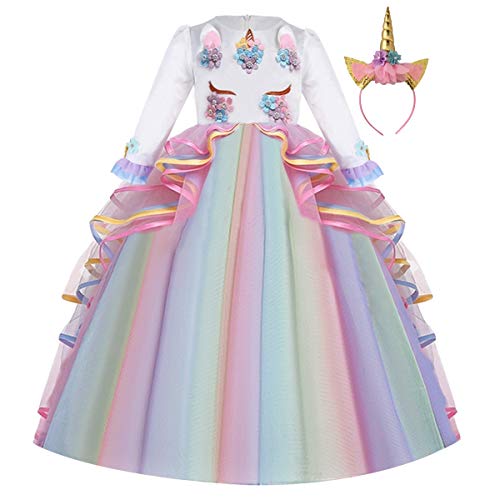 CinheyU Niñas Disfraz de Carnaval Manga Larga Vestido de Unicornio Princesa Cumpleaños Boda Fiesta de Cosplay para Chicas Navidad Bautizo Comunión Flor Vestidos de Baile con Diadema Arcoiris 6-7