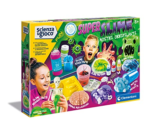 Clementoni - Ciencia Fun-Super, Monstruos horripilantes Laboratorio, Fábrica Slime, Juego científico para niños 8 años, Manual en Italiano, Multicolor, 19253