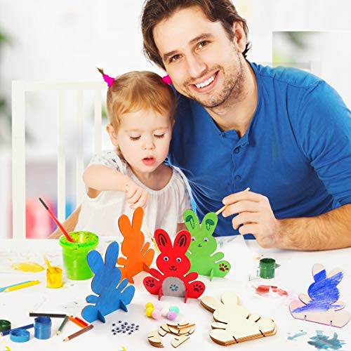 Conejitos de Madera para Pintar, 10 Piezas Decoración de Conejo de Pascua, Coloridos Mini Poms, Ojos Saltones, Set de Artesanía para Niños de Primavera para Decoraciones de Accesorios