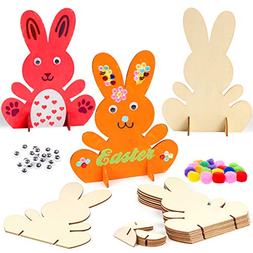 Conejitos de Madera para Pintar, 10 Piezas Decoración de Conejo de Pascua, Coloridos Mini Poms, Ojos Saltones, Set de Artesanía para Niños de Primavera para Decoraciones de Accesorios