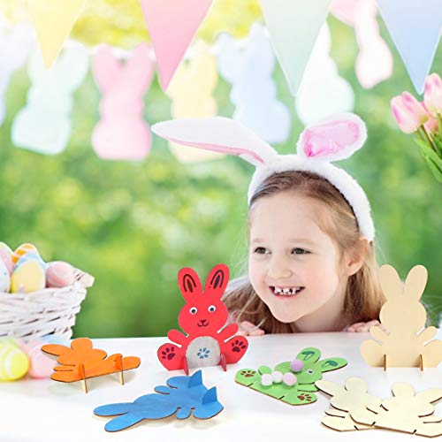 Conejitos de Madera para Pintar, 10 Piezas Decoración de Conejo de Pascua, Coloridos Mini Poms, Ojos Saltones, Set de Artesanía para Niños de Primavera para Decoraciones de Accesorios