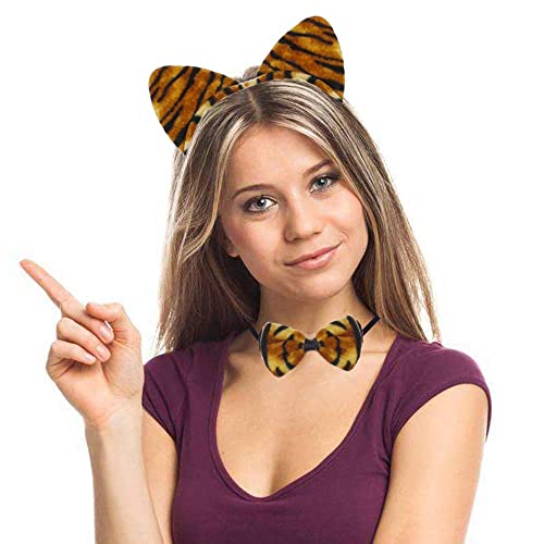 Conjunto de Disfraz para Carnaval Halloween y Fiesta Cosplay de Animales, Diadema de Orejas Pajaritas Cola con Estampado de Animales y Tutu Falda para Chicas y Mujeres, 4pcs (40cm/tutú, Tigre)