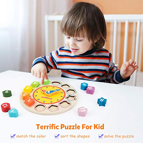 Coogam Reloj de Aprendizaje Wood Shapes - Tiempo de enseñanza Bloques de números Apilador Clasificador Montessori Puzzle Aprendizaje temprano Juguete Educativo Regalo