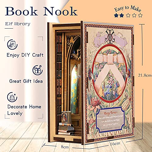 CUTEBEE Book Nook Model Kit DIY Dollhouse Madera Booknook Estantería Insertar Callejón de decoración, Puzzle de Madera 3D Sujetalibros Modelo Build-Creativity Kit con luz LED(EIf Library)