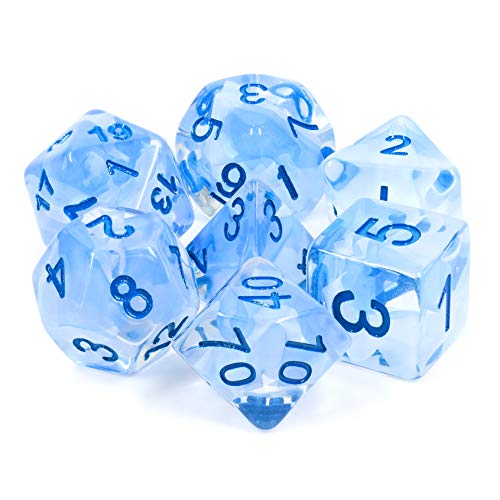 Dados de poliedral Dice de DND para Dungeons and Dragons, Pathfinder, MTG, D & D, juego de rol azul claro, juego de dados de cristal helado transparente con bolsa gris impermeable