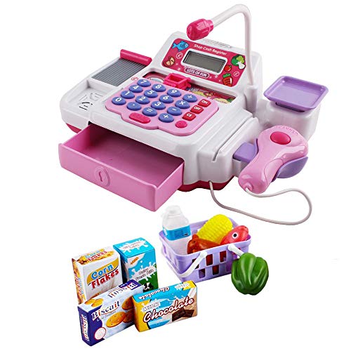 deAO Caja Registradora Electrónica de Juguete con Escáner, Micrófono, Cinta y Lector de Tarjetas Conjunto de Accesorios de Tienda y Supermercado Infantil Incluye Alimentos de Juguete (Rosa)