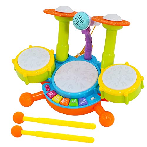 deAO Conjunto Musical de Percusión Instrumentos Electrónicos Infantiles Juego de Imitación Incluye Kit de Tambores, Micrófono, Efectos Sonoros Variados Juguete para Niños y Niñas