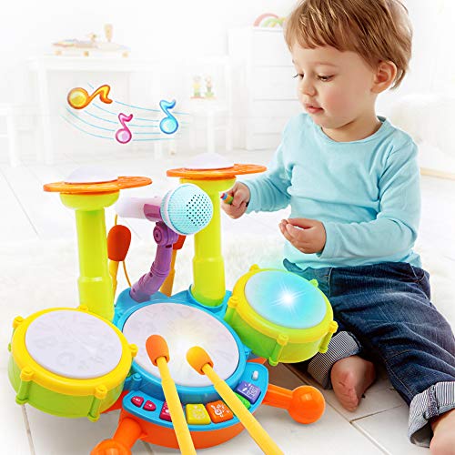 deAO Conjunto Musical de Percusión Instrumentos Electrónicos Infantiles Juego de Imitación Incluye Kit de Tambores, Micrófono, Efectos Sonoros Variados Juguete para Niños y Niñas