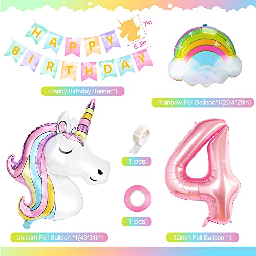 Decoración Cumpleaños de Unicornio Globos para Niñas, OYNNI 4 Años Globos de Decoración de fiesta de Unicornio, Globo de Lámina de Unicornio Gigante, Cumpleaños Decoraciones Fiesta para Niñas (4th)