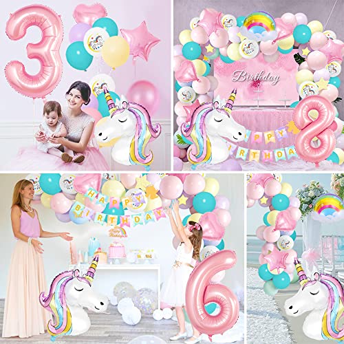 Decoración Cumpleaños de Unicornio Globos para Niñas, OYNNI 4 Años Globos de Decoración de fiesta de Unicornio, Globo de Lámina de Unicornio Gigante, Cumpleaños Decoraciones Fiesta para Niñas (4th)