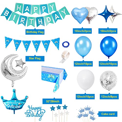 Decoración Cumpleaños Niño, TOLOYE Cumpleaños Bebe Niño Globos Decoracio,Azul Pancarta de Feliz Cumpleaños , Globos Papel de Aluminio Corazón Estrella para Niño Cumpleaños Baby Shower Decoración