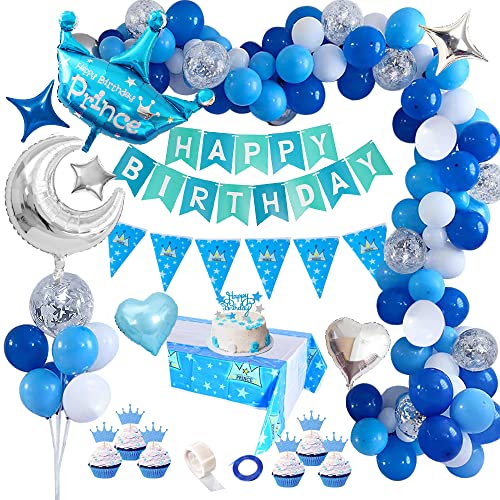 Decoración Cumpleaños Niño, TOLOYE Cumpleaños Bebe Niño Globos Decoracio,Azul Pancarta de Feliz Cumpleaños , Globos Papel de Aluminio Corazón Estrella para Niño Cumpleaños Baby Shower Decoración