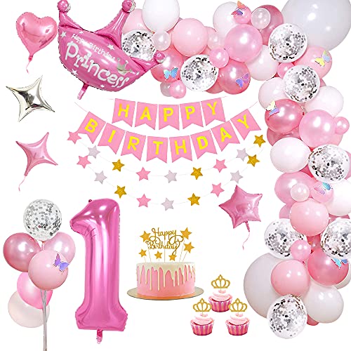 Decoración de cumpleaños 1 Rosa, TOLOYE Cumpleaños 1 Año Bebe Niñas Globos Decoracio,Rosa Pancarta de Feliz Cumpleaños para Fiesta Cumpleaños Niñas Baby Showers